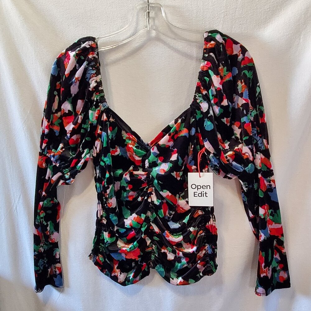 NWT Open Edit Velvet Floral Stretchy Blouse for Women Size XS